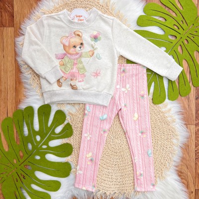 Conj. Casaco de Linha Ursinha com Flor de Crochê e Calça Legging - Areia e Rosa